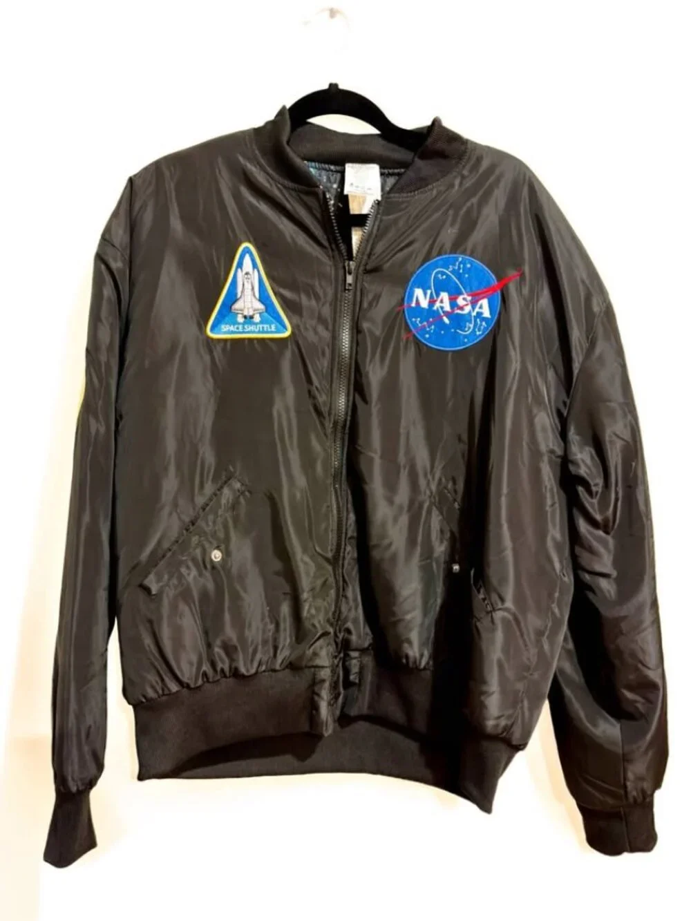 Black NASA MA1 Flight Jacket Space Shuttle Patches Bomber Jacket - Size M, Great